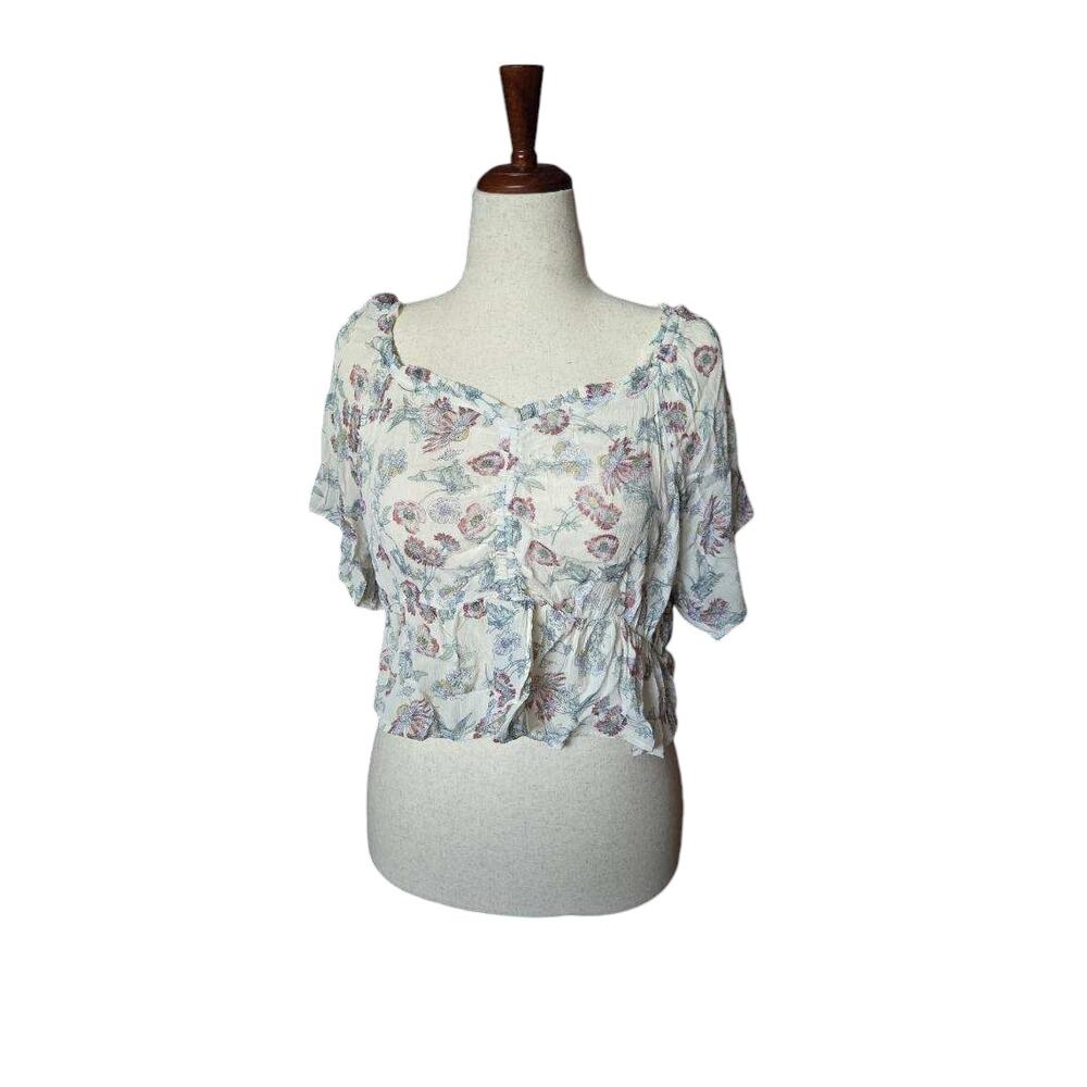 True Craft NWT Short Sleeve Cinched Front Top floral white size XL